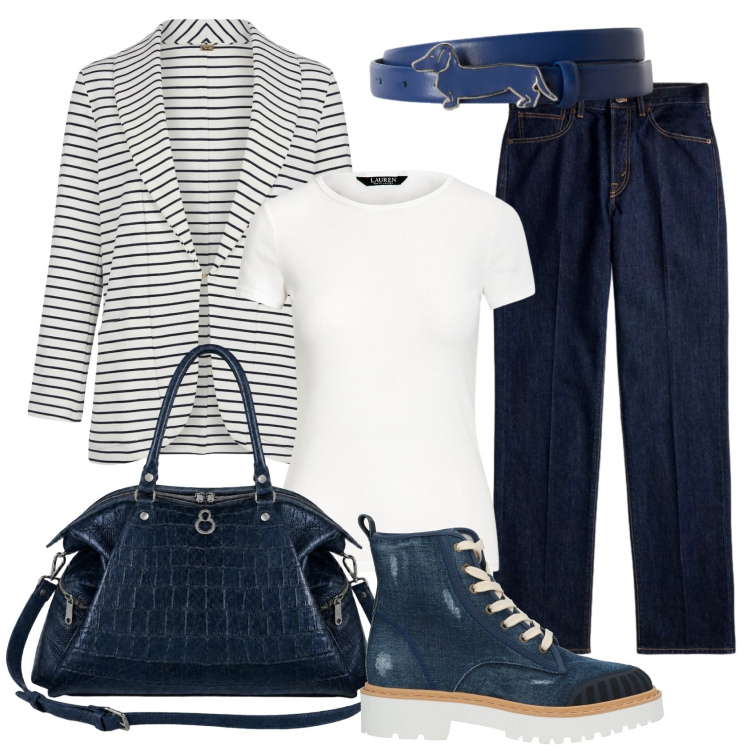 Outfit donna - Total look #2465238. Stile Casual chic per Ufficio. Abbinamento con stivaletti, blazer, cinture, shopping bag, t-shirt, jeans dritti.