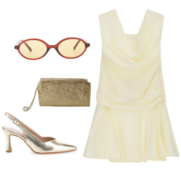 Outfit donna - Aperitivo. Stile Chic per Serata fuori. Abbinamento con vestiti corti, occhiali da sole, valigie, décolleté.