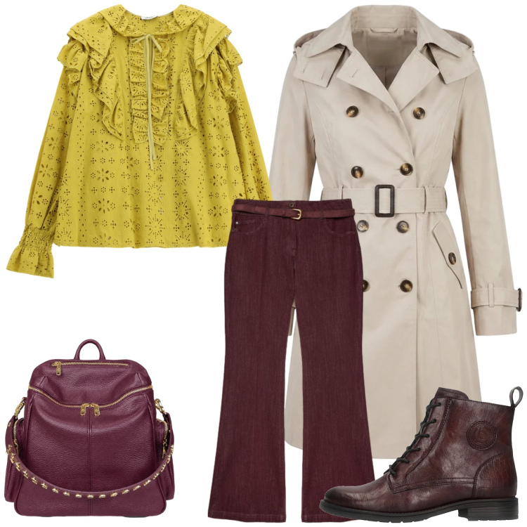 Outfit donna - Total look #2465245. Stile Casual chic per Tutti i giorni. Abbinamento con bluse, jeans, zaini, trench, anfibi.