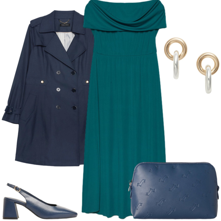 Outfit donna - Total look #2465247. Stile Casual chic per Tutti i giorni. Abbinamento con décolleté, pochette, trench, vestiti lunghi, orecchini.