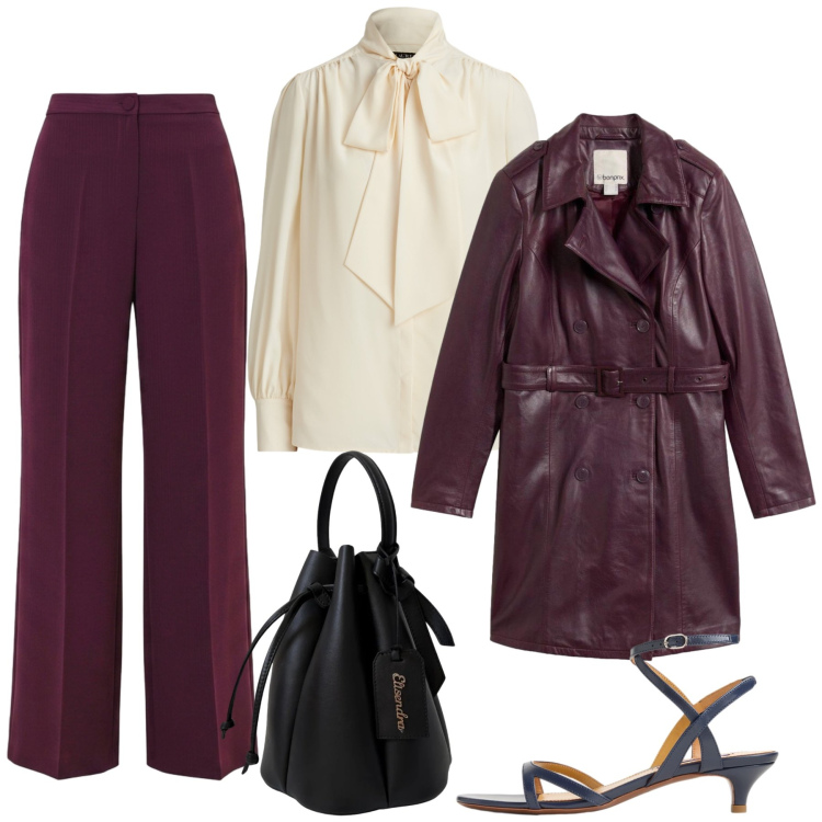 Outfit donna - Total look #2465249. Stile Casual chic per Tutti i giorni. Abbinamento con trench, pantaloni a palazzo, borse a secchiello, camicie, sandali col tacco.