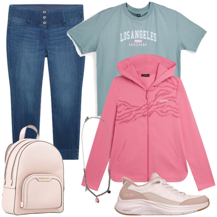 Outfit donna - Total look #2465250. Stile Sporty chic per Tutti i giorni. Abbinamento con zaini, felpe con cappuccio, ciondoli, jeggings, t-shirt, sneakers.