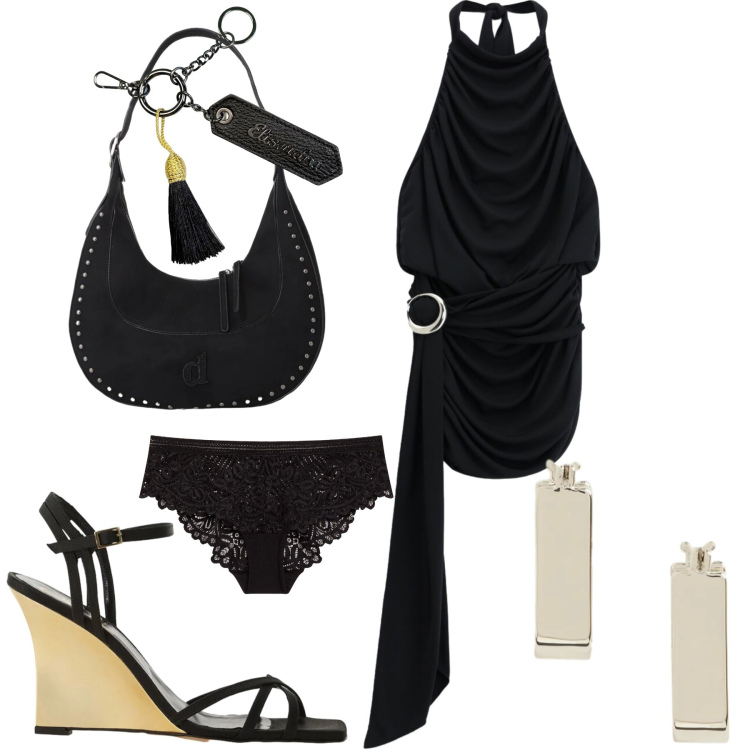 Outfit donna - Serata. Stile Sexy per Serata fuori. Abbinamento con culotte, borse a spalla, sandali col tacco, vestiti corti, portachiavi, orecchini.