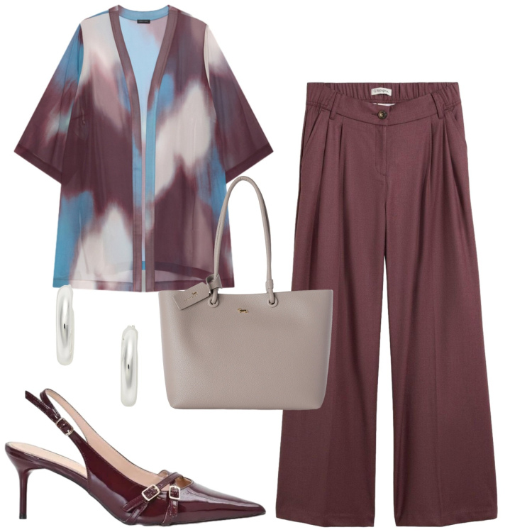 Outfit donna - Settembre. Stile Urban per Tutti i giorni. Abbinamento con pantaloni, shopping bag, décolleté, kimono, orecchini.