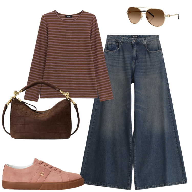 Outfit donna - City. Stile Casual chic per Tutti i giorni. Abbinamento con t-shirt, jeans, occhiali da sole, sneakers, borse a spalla.