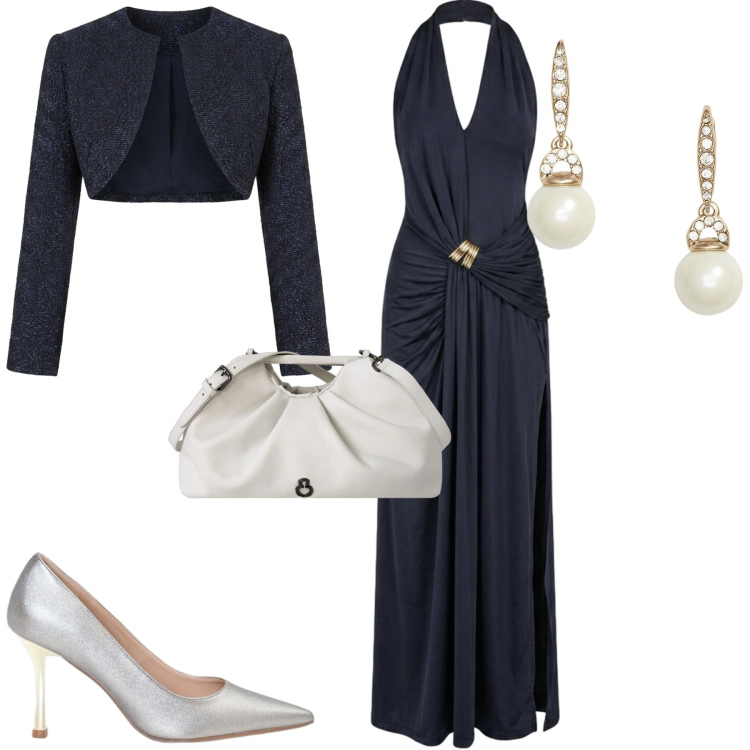 Outfit donna - Cerimonia. Stile Glamour per Cerimonia. Abbinamento con bolero, décolleté, clutch, vestiti lunghi, orecchini.