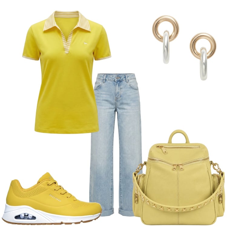 Outfit donna - Ultimo caldo. Stile Casual per Tutti i giorni. Abbinamento con polo, zaini, jeans, orecchini, sneakers.