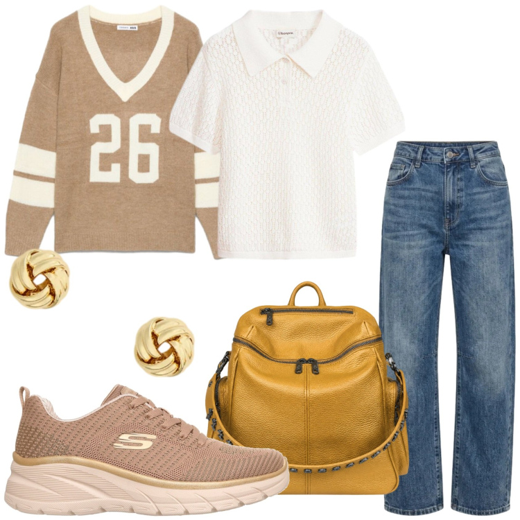 Outfit donna - La domenica in relax. Stile Casual per Tutti i giorni. Abbinamento con polo, t-shirt sportive, zaini, jeans, orecchini, sneakers.