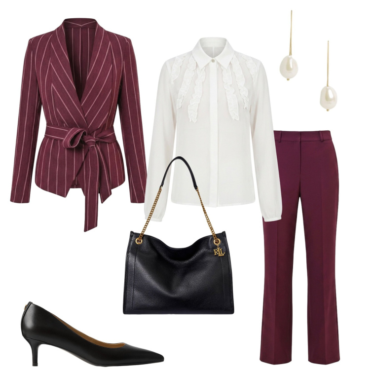 Outfit donna - Total look #2465259. Stile Chic per Ufficio. Abbinamento con blazer, camicie, pantaloni, borse tote, décolleté, orecchini.
