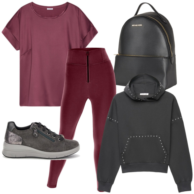 Outfit donna - Relax con stile. Stile Trendy per Tutti i giorni. Abbinamento con zaini, felpe con cappuccio, pantaloni skinny, t-shirt, sneakers.