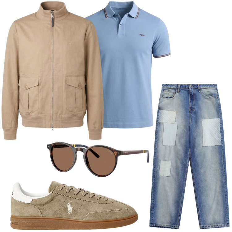 Outfit uomo - Bomber quotidiano. Stile Casual per Tutti i giorni. Abbinamento con bomber, polo, jeans, occhiali da sole, sneakers.