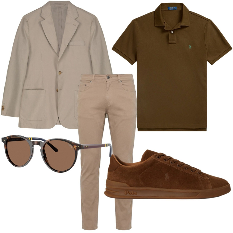 Outfit uomo - Toni caldi. Stile Casual per Tutti i giorni. Abbinamento con pantaloni, giacche, polo, occhiali da sole, sneakers.