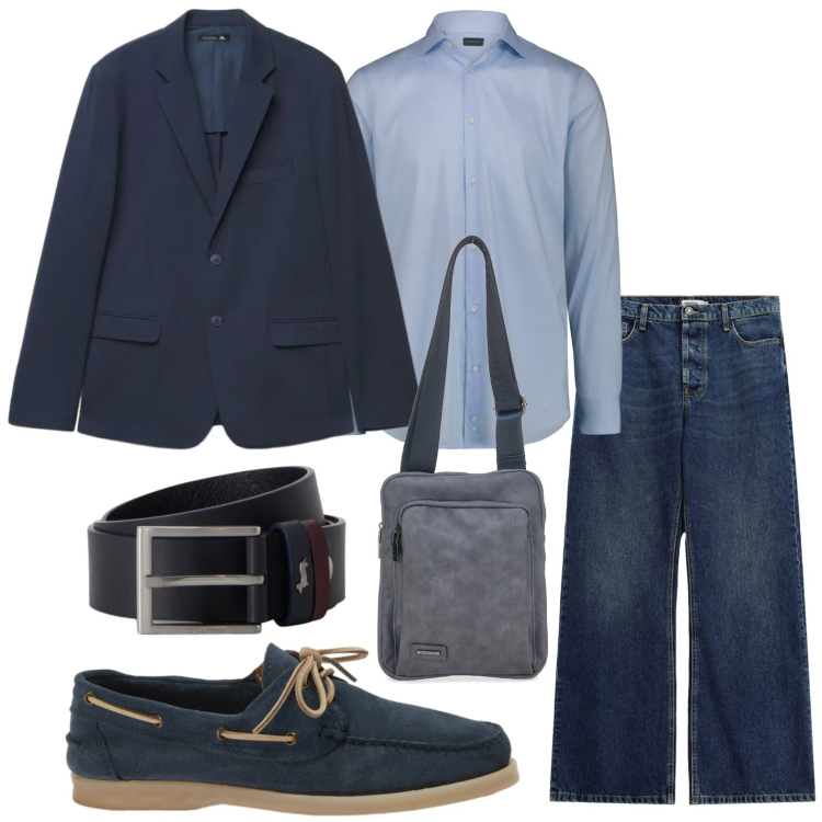 Outfit uomo - Stile moderno. Stile Casual per Tutti i giorni. Abbinamento con scarpe stringate, cinture, jeans, giacche, camicie, portafogli.