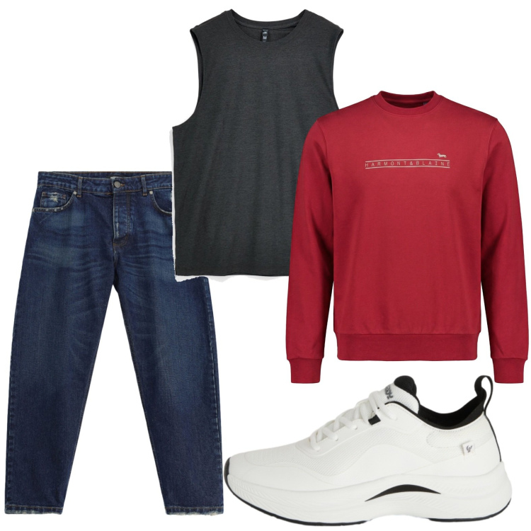 Outfit uomo - Rosso protagonista. Stile Casual per Tutti i giorni. Abbinamento con felpe, jeans, sneakers, canottiere.