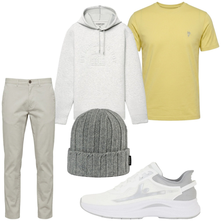 Outfit uomo - Comfort quotidiano. Stile Trendy per Tutti i giorni. Abbinamento con pantaloni, t-shirt, felpe con cappuccio, sneakers, berretti.