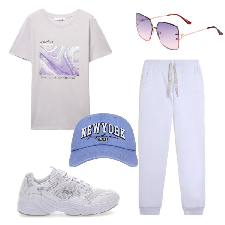 Outfit donna - Passeggiata mattutina. Stile Casual per Tutti i giorni. Abbinamento con occhiali da sole, t-shirt, cappelli, pantaloni, sneakers.