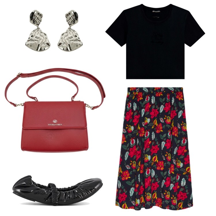 Outfit donna - Gonna romantica e ballerine. Stile Romantica per Ufficio. Abbinamento con orecchini, t-shirt, gonne longuette, ballerine, borse a tracolla.