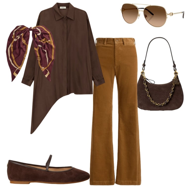 Outfit donna - Casual chic. Stile Casual chic per Tutti i giorni. Abbinamento con camicie, occhiali da sole, borse a spalla, ballerine, pantaloni, foulard.