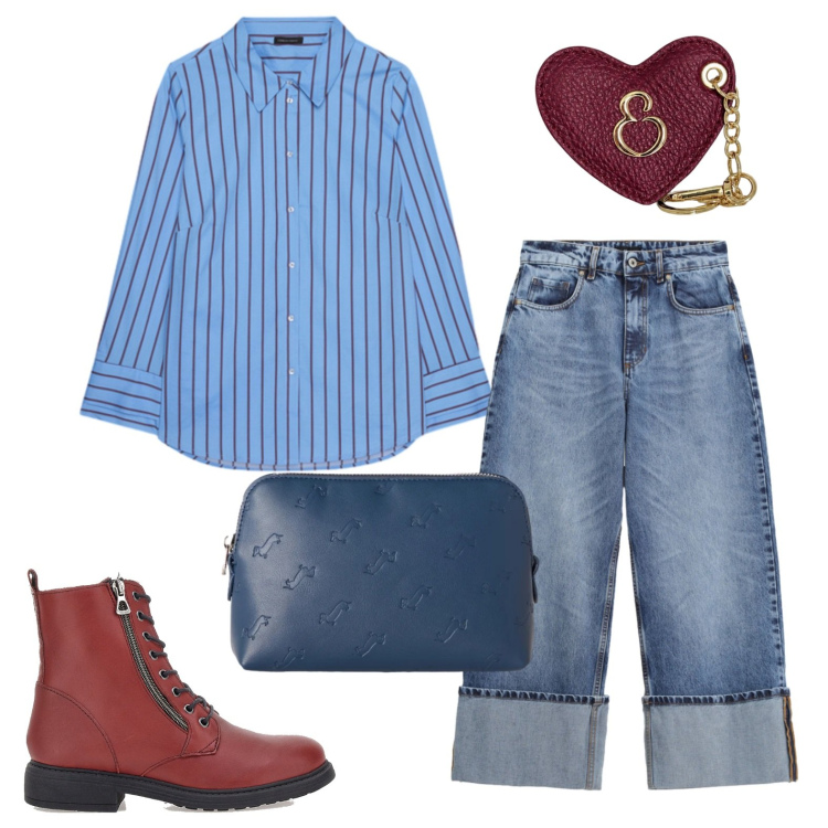 Outfit donna - Camicia a righe e stivaletti rossi. Stile Urban per Ufficio. Abbinamento con pochette, jeans, camicie, portachiavi, anfibi.