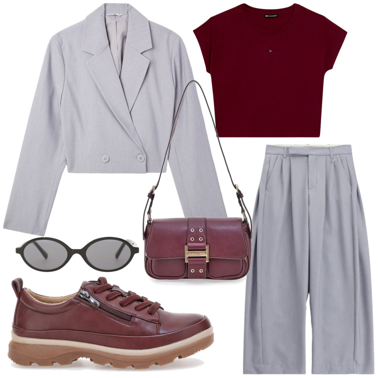 Outfit donna - Urban Chérie. Stile Urban per Tutti i giorni. Abbinamento con occhiali da sole, pantaloni a palazzo, blazer, t-shirt, scarpe stringate, borse a tracolla.