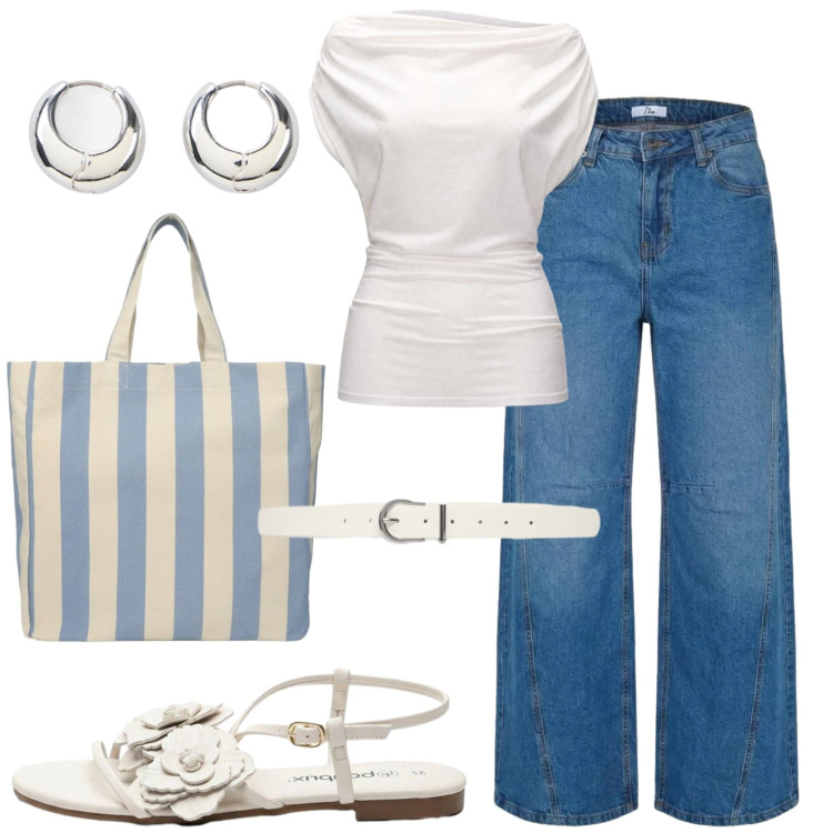 Outfit donna - Semplice. Stile Basic per Tutti i giorni. Abbinamento con sandali, orecchini, shopping bag, cinture, top, jeans.
