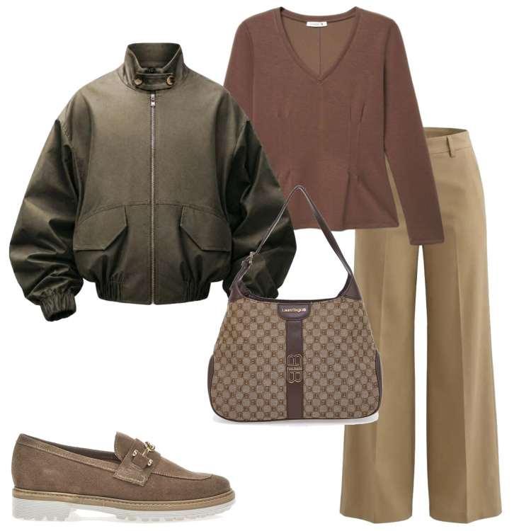 Outfit donna - Urban autunnale. Stile Urban per Ufficio. Abbinamento con t-shirt, bomber, pantaloni a palazzo, borse a spalla, mocassini.