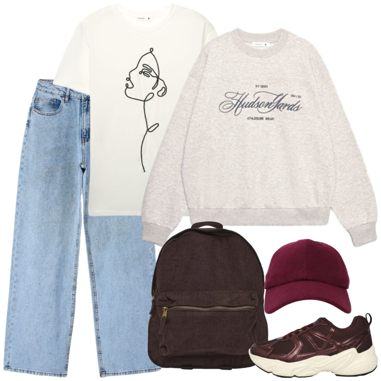 Outfit donna - Linee sottili. Stile Casual per Scuola/Università. Abbinamento con jeans, felpe, t-shirt, sneakers, zaini, cappelli con visiera.