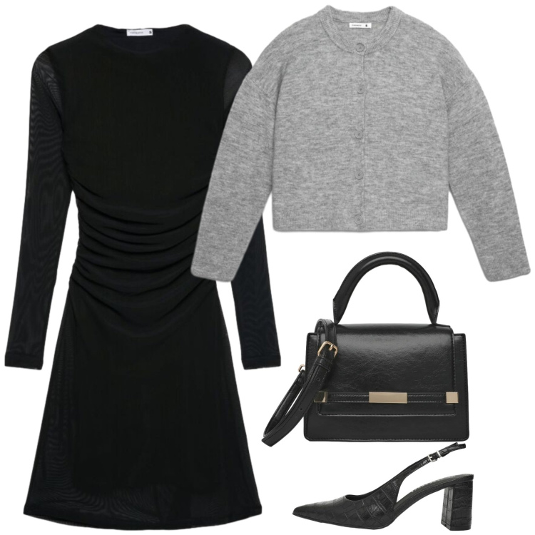 Outfit donna - Un tocco di grigio. Stile Casual chic per Ufficio. Abbinamento con vestiti corti, décolleté, cardigans, borse a tracolla.