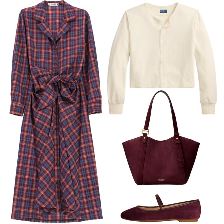 Outfit donna - Must d\' autunno. Stile Romantica per Ufficio. Abbinamento con vestiti chemisier, cardigans, borse tote, ballerine.
