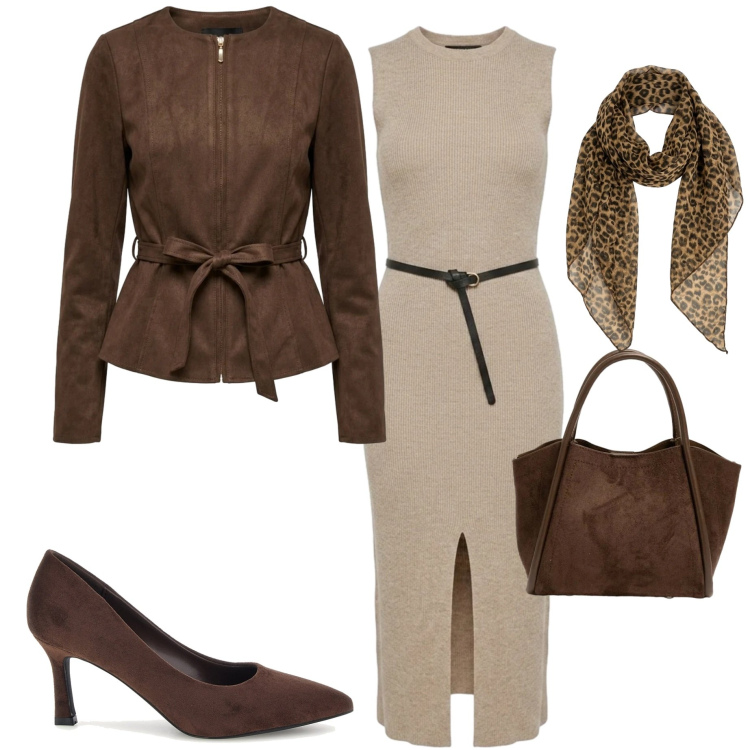 Outfit donna - Serata fuori. Stile Casual chic per Serata fuori. Abbinamento con vestiti midi/longuette, blazer, foulard, borse a spalla, décolleté.