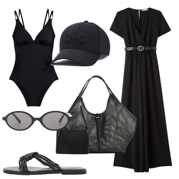 Outfit donna - Spiaggia a settembre. Stile Basic per Mare. Abbinamento con costumi interi, shopping bag, vestiti lunghi, occhiali da sole, sandali, cappelli con visiera.