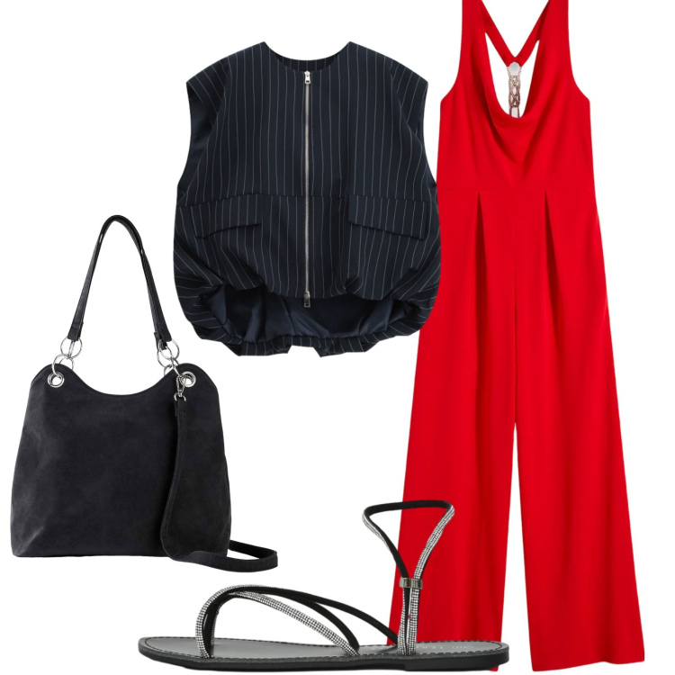 Outfit donna - Serate di settembre. Stile Glamour per Serata fuori. Abbinamento con borse a mano, tute, gilet, sandali.