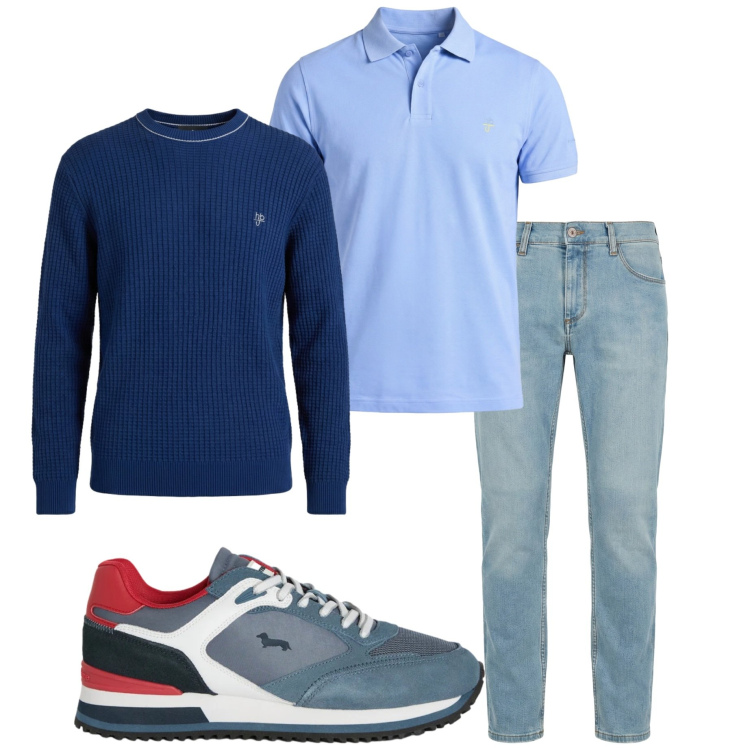 Outfit uomo - Settembre. Stile Casual per Tutti i giorni. Abbinamento con jeans slim fit, polo, maglieria, sneakers.