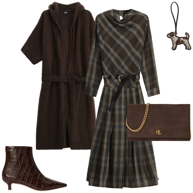 Outfit donna - New collection. Stile Casual chic per Tutti i giorni. Abbinamento con vestiti asimmetrici, cardigans, borse a tracolla, portachiavi, stivaletti.