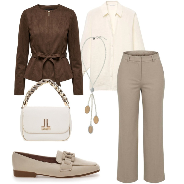 Outfit donna - Ritorno in ufficio. Stile Casual chic per Ufficio. Abbinamento con pantaloni, collane, blazer, camicie, mocassini, borse a tracolla.