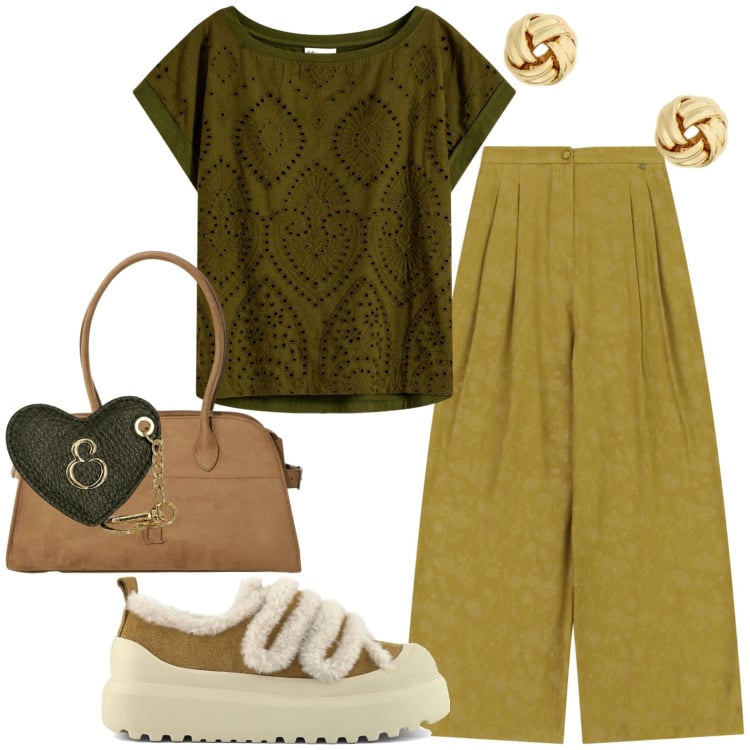 Outfit donna - Casual. Stile Casual per Tutti i giorni. Abbinamento con t-shirt, borse a spalla, pantaloni a palazzo, portachiavi, orecchini, sneakers.