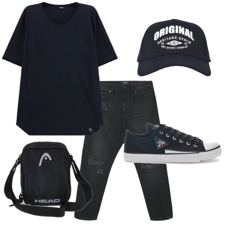Outfit uomo - Total look #2465371. Stile Biker Rock per Tutti i giorni. Abbinamento con t-shirt, jeans strappati, cappelli con visiera, sneakers, borse sportive.
