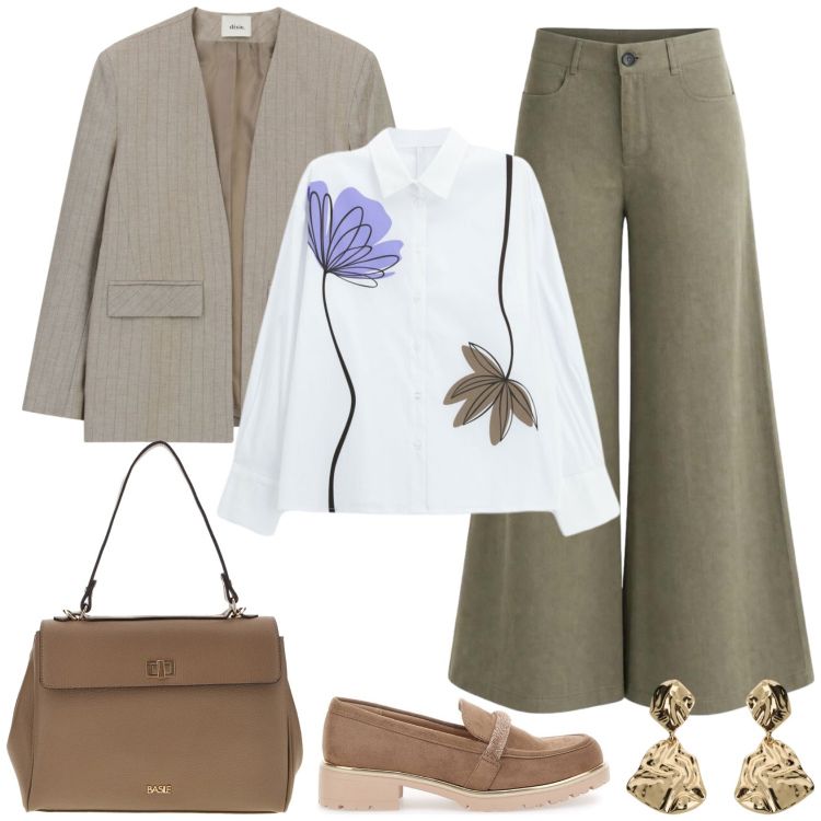 Outfit donna - Back to office !!. Stile Casual chic per Ufficio. Abbinamento con camicie, blazer, orecchini, pantaloni a palazzo, mocassini, borse a tracolla.