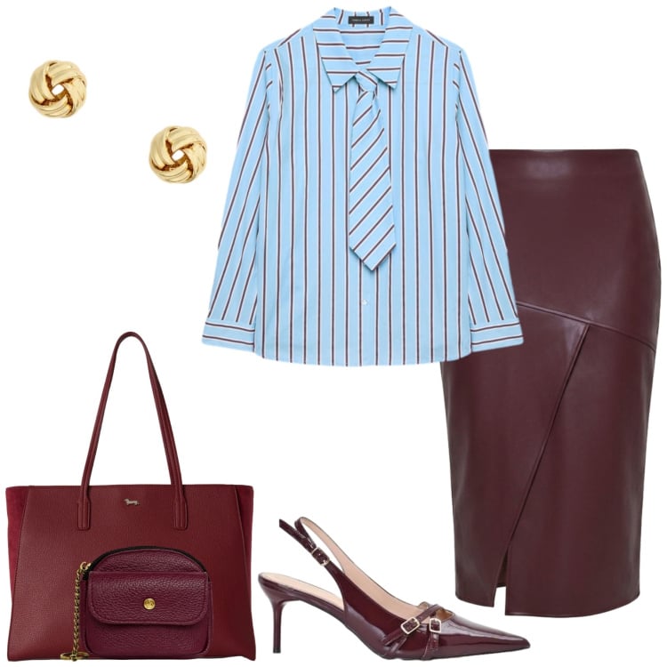 Outfit donna - Amarena back to office!. Stile Casual chic per Ufficio. Abbinamento con shopping bag, gonne longuette, décolleté, camicie, portachiavi, orecchini.