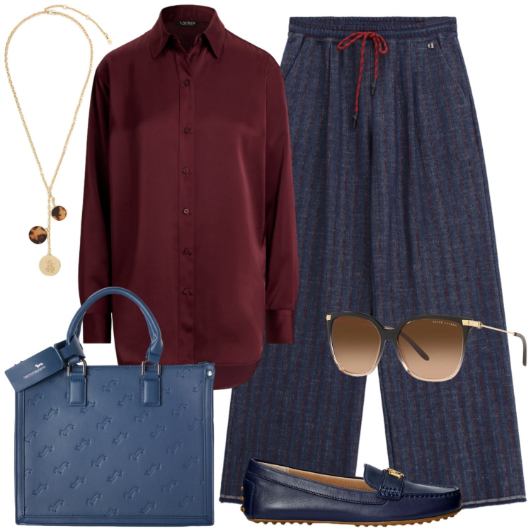 Outfit donna - Comfy back to office. Stile Casual per Ufficio. Abbinamento con borse a mano, pantaloni a palazzo, occhiali da sole, collane, camicie, mocassini.