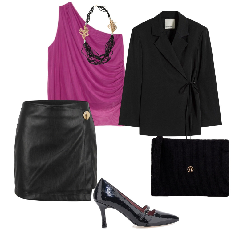 Outfit donna - Stasera si balla. per Serata fuori. Abbinamento con blazer, collane, pochette, top, minigonne, décolleté.
