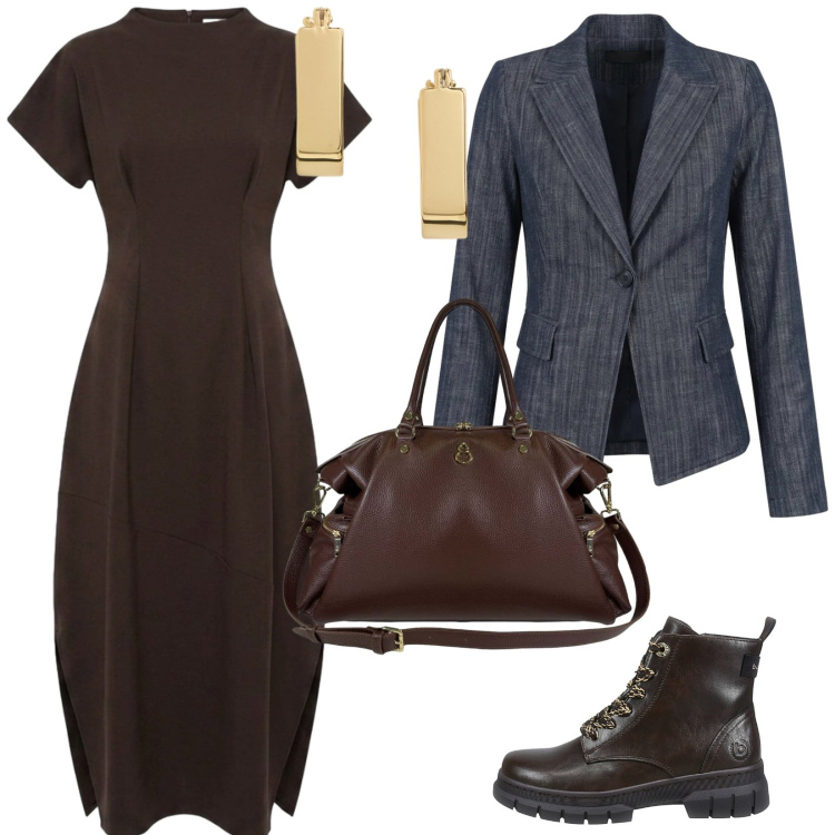 Outfit donna - Comodità. per Tutti i giorni. Abbinamento con borse a spalla, vestiti lunghi, blazer, orecchini, anfibi.