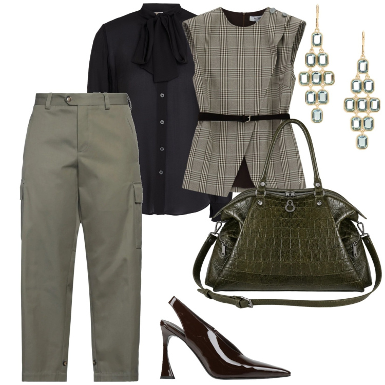 Outfit donna - Colori di tendenza. per Ufficio. Abbinamento con pantaloni cargo, décolleté, camicie, gilet, shopping bag, orecchini.