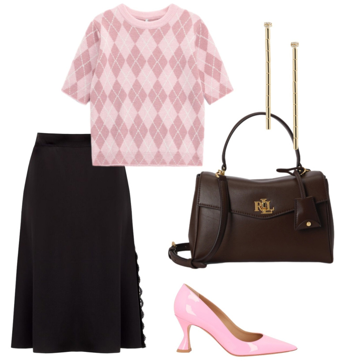 Outfit donna - Autunno colorato. per Scuola/Università. Abbinamento con décolleté, maglieria, gonne longuette, orecchini, borse a mano.