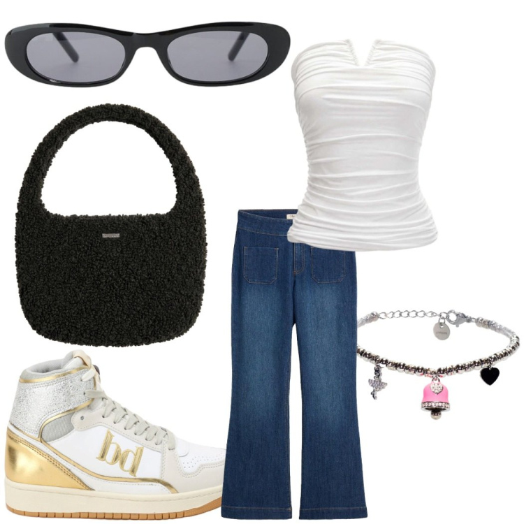 Outfit donna - Outfit per adolescenti. Stile Basic per Tutti i giorni. Abbinamento con top, borse a mano, braccialetti, occhiali da sole, sneakers alte, jeans a zampa.