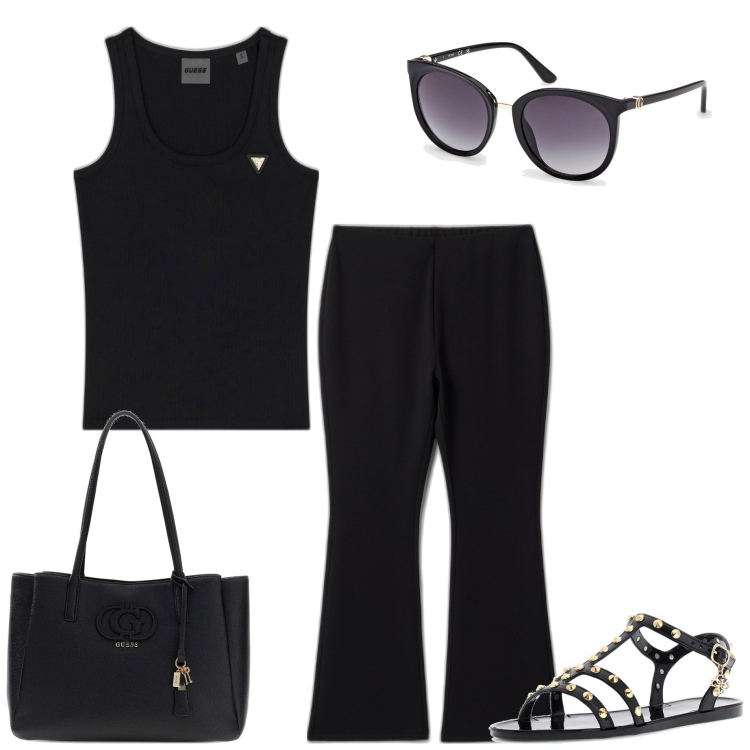 Outfit mujer - Casual #8083. Estilo Casual para Todos los días. Combinación con bolso shopper, camisetas sin mangas, gafas de sol, sandalias de piel, leggings.