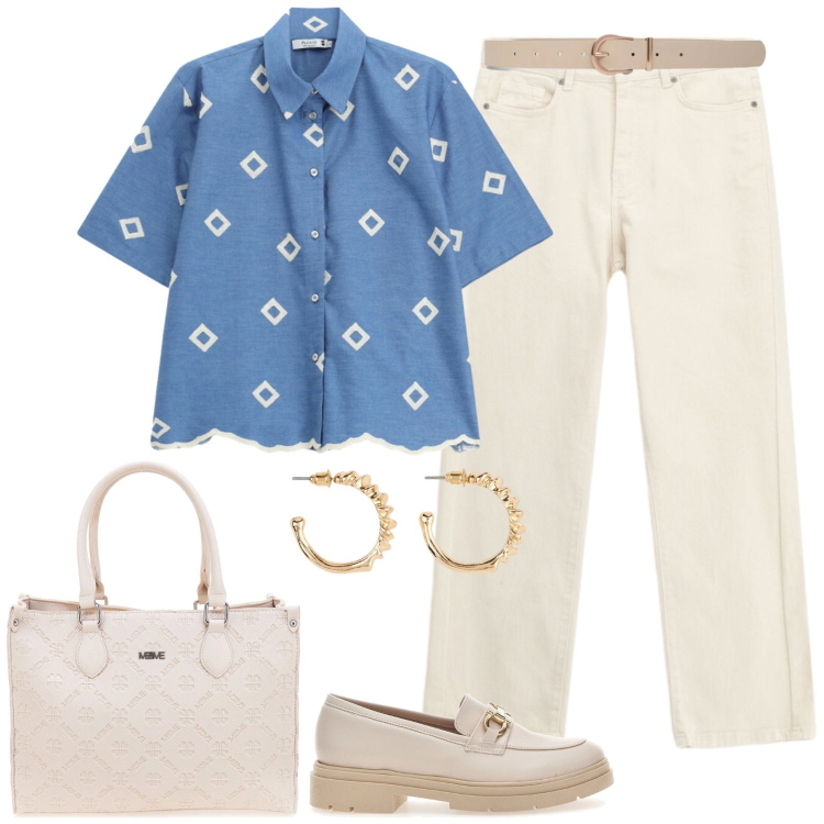 Outfit donna - Denim e neutri. Stile Casual chic per Ufficio. Abbinamento con orecchini, jeans dritti, cinture, camicie a manica corta, mocassini, borse a tracolla.