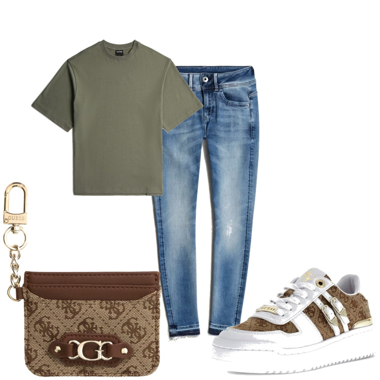 Outfit mujer - Casual. Estilo Casual para Todos los días. Combinación con sneakers, vaqueros rotos, camiseta, maletas.