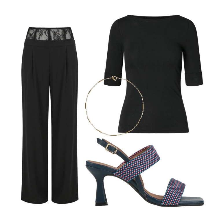 Outfit donna - Ufficio settembre. Stile Minimal per Ufficio. Abbinamento con sandali in pelle, pantaloni a palazzo, t-shirt, collane.