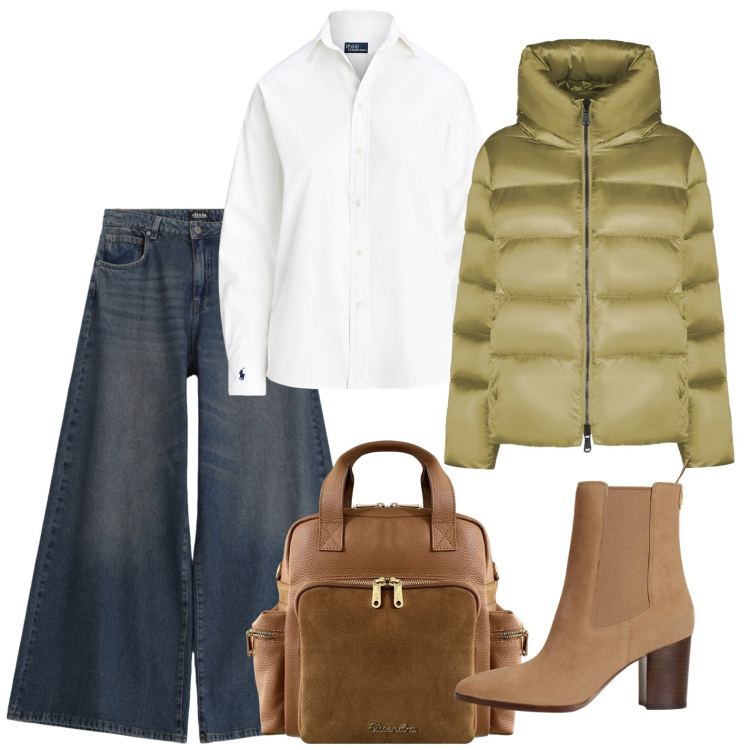 Outfit donna - Il piumino verde salvia. Stile Basic per Tutti i giorni. Abbinamento con jeans, zaini, piumini, camicie, stivaletti.
